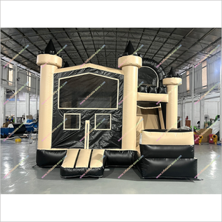 Black And Beige Inflatable Castle Slide Happy Birthday Combo Bounce House With Slide Rental Near Me