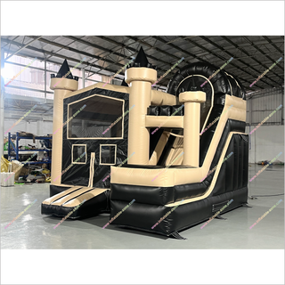 Black And Beige Inflatable Castle Slide Happy Birthday Combo Bounce House With Slide Rental Near Me