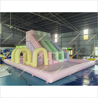 Pastel Inflatable Slide And Bounce House Combo Yellow Arches Inflatable Water Slide With Pool For Sale