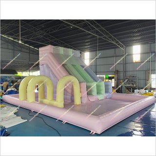 Pastel Inflatable Slide And Bounce House Combo Yellow Arches Inflatable Water Slide With Pool For Sale
