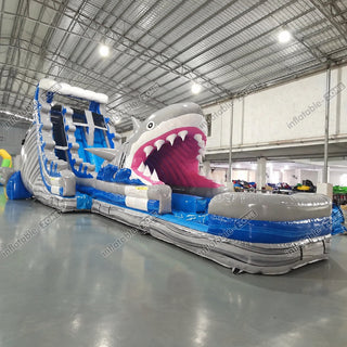 Commercial shark-themed inflatable water slide in a factory natural color