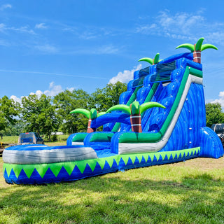 Blue and green tropical inflatable water slide with pool natural color