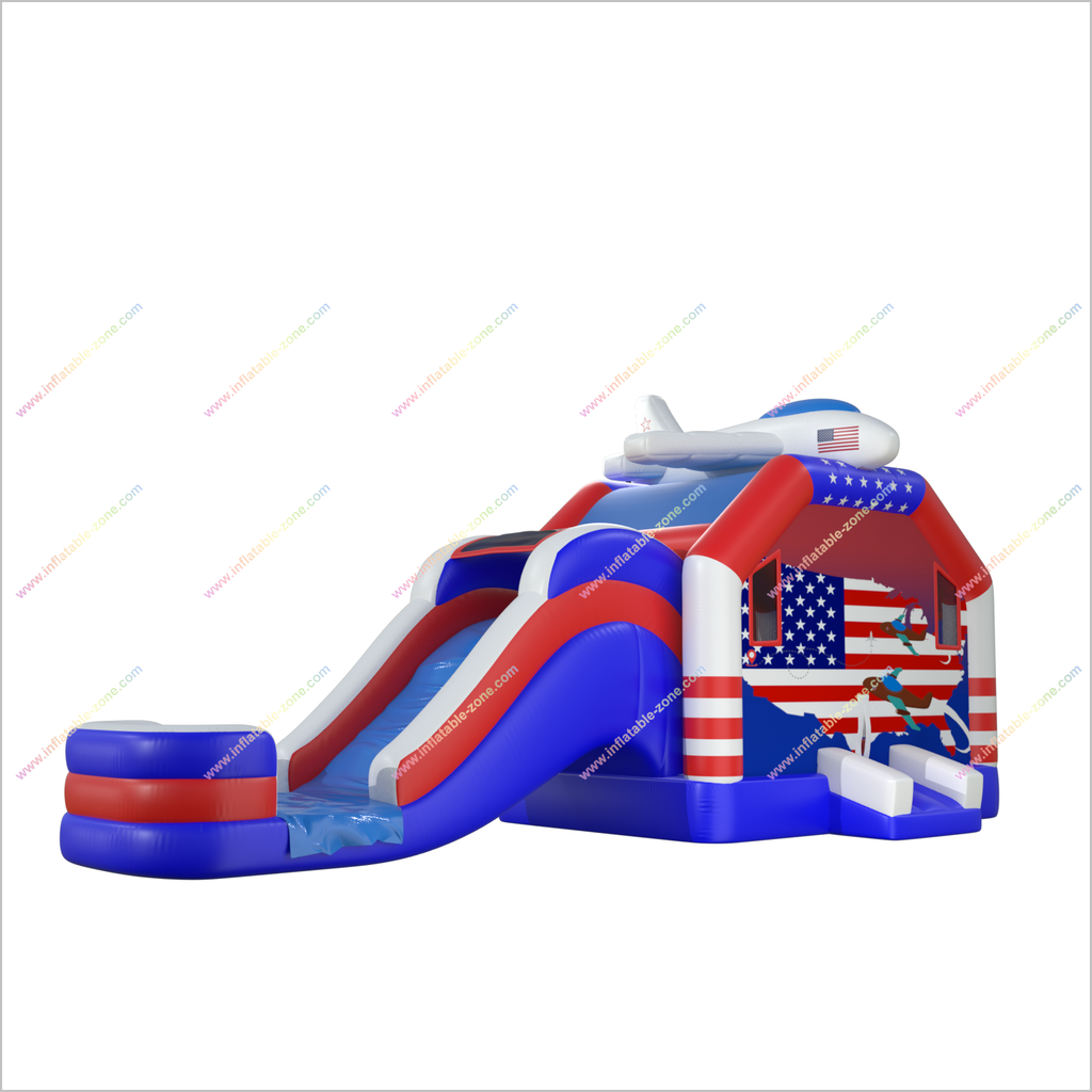 Airplane Bounce House Jumper And Water Slide Combo American Flag Stars