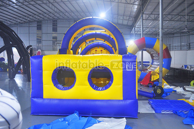 14 meters obstacle course inflatable obstacles, commercial yellow blue inflatable obstacle course