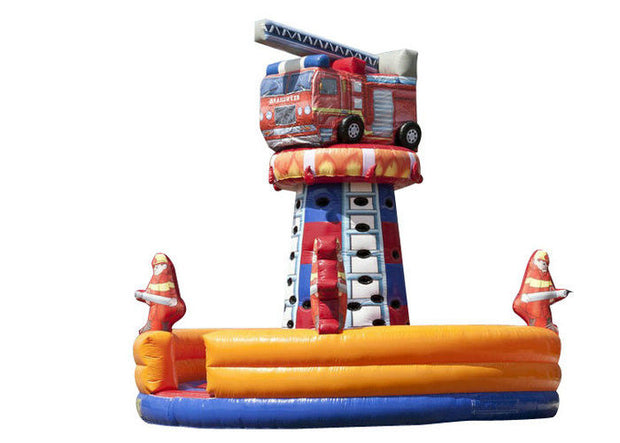 Children Fire Truck Inflatable Rock Climbing Wall Tower 7.0 X 5.6 M Safe Nontoxic