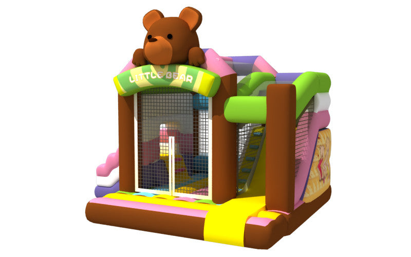 Multi - Play Cute Inflatable Jump House Combo Brown Bear Double Slide